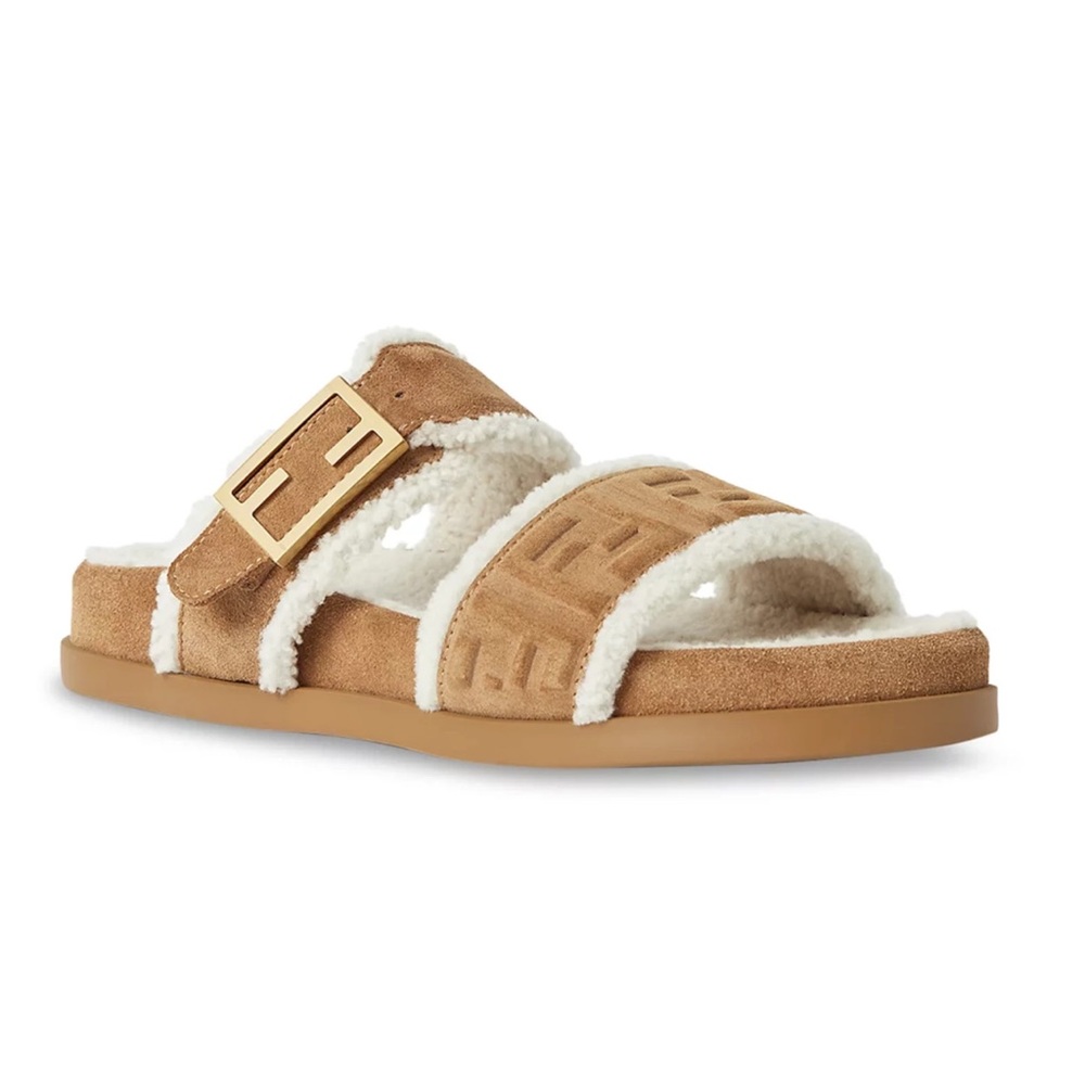 Fendi Feel Slide Shearling Fur Lined Bronze Monogram Logo Mule Flat Sandal 38 - Picture 3 of 16